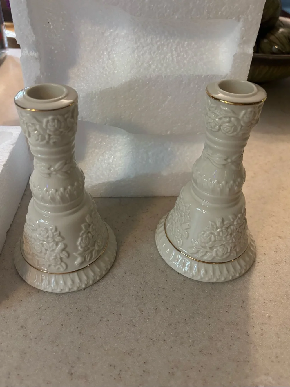 Embossed Cream Floral Porcelain LENOX Candlestick Pair with Gold Trim